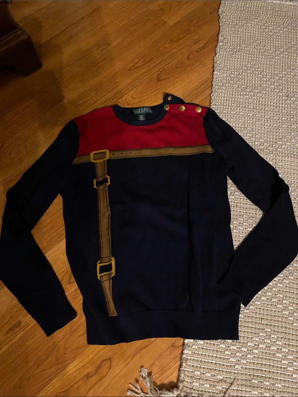 Ralph Lauren Navy Crewneck Sweater with Red Yoke and Tan Buckle Trim PS